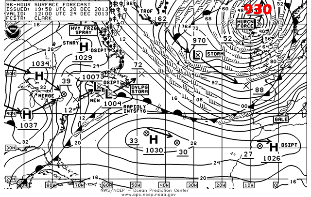 Análisis de superficie sobre el Atlántico Norte previsto para Nochebuena.